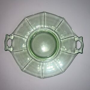 Cake Plate Vintage Green Depression Glass 11" Handled Octagon